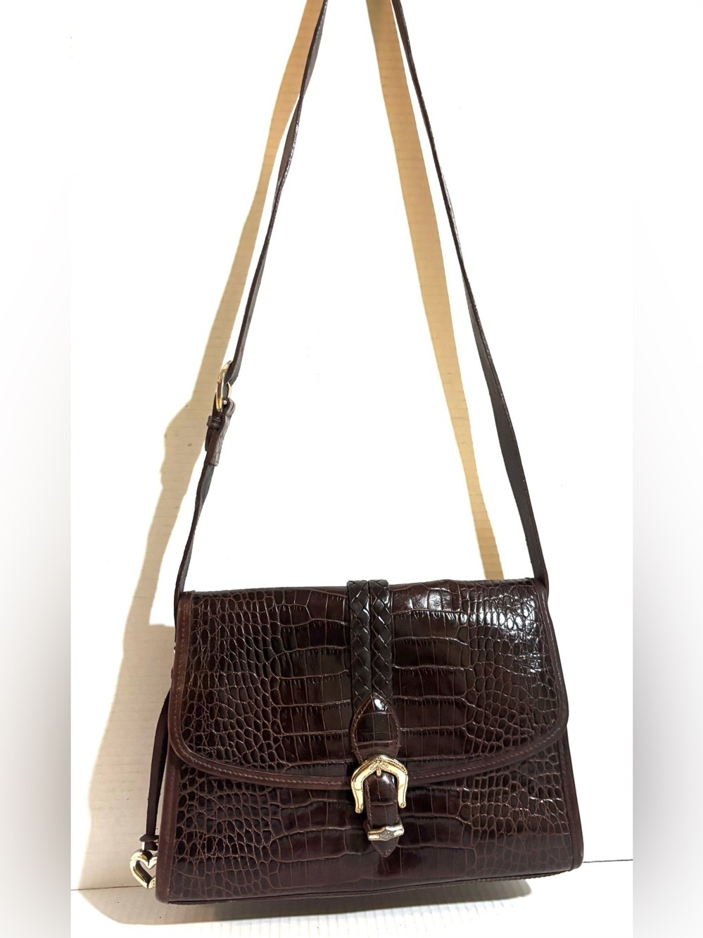 Brighton Dark Brown Croc-Embossed Crossbody Bag with Gold Buckle